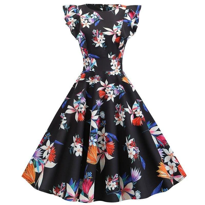 Vintage Chic Retro Sort Blomsterkjole