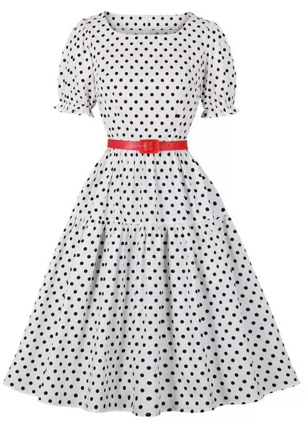 Vintage Rund Hals, Hvid Polka Dot Kjole
