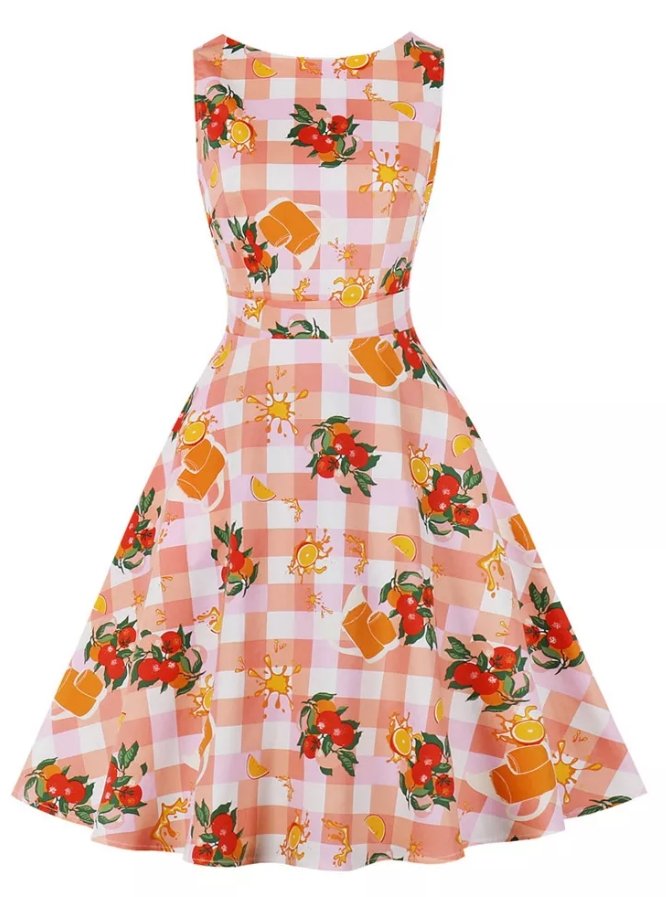 Vintage Rundhalset Pink Blomsterkjole