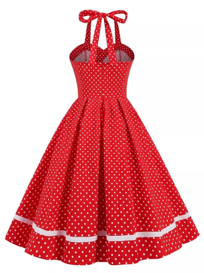 Vintage Rød Rund Hals Polka Dot Kjole