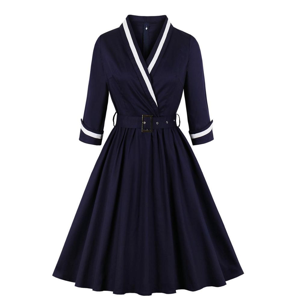 Vintage Plus Size Navy V-Hals Kjole