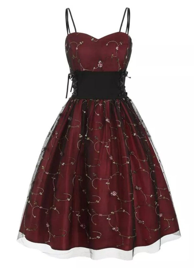 Vintage Plus Size High Waist Kjole Burgundy