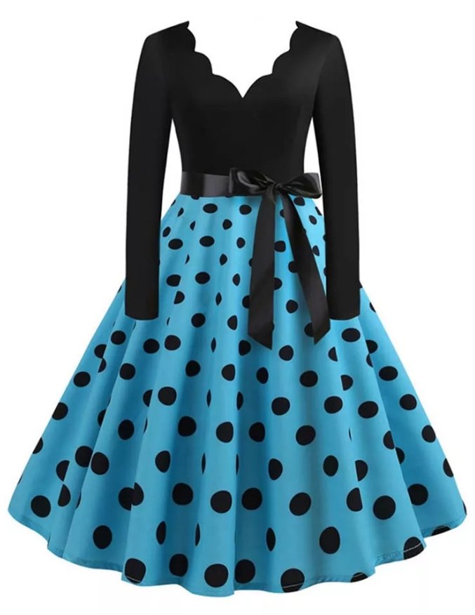 Vintage Plus Size Rockabilly Kjole Blå Polka Dots