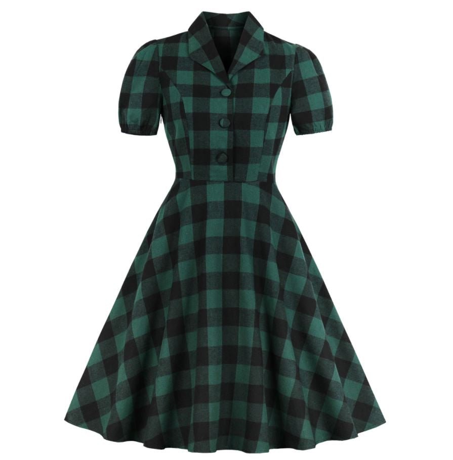 Vintage Plus Size Grøn Ternet Kjole