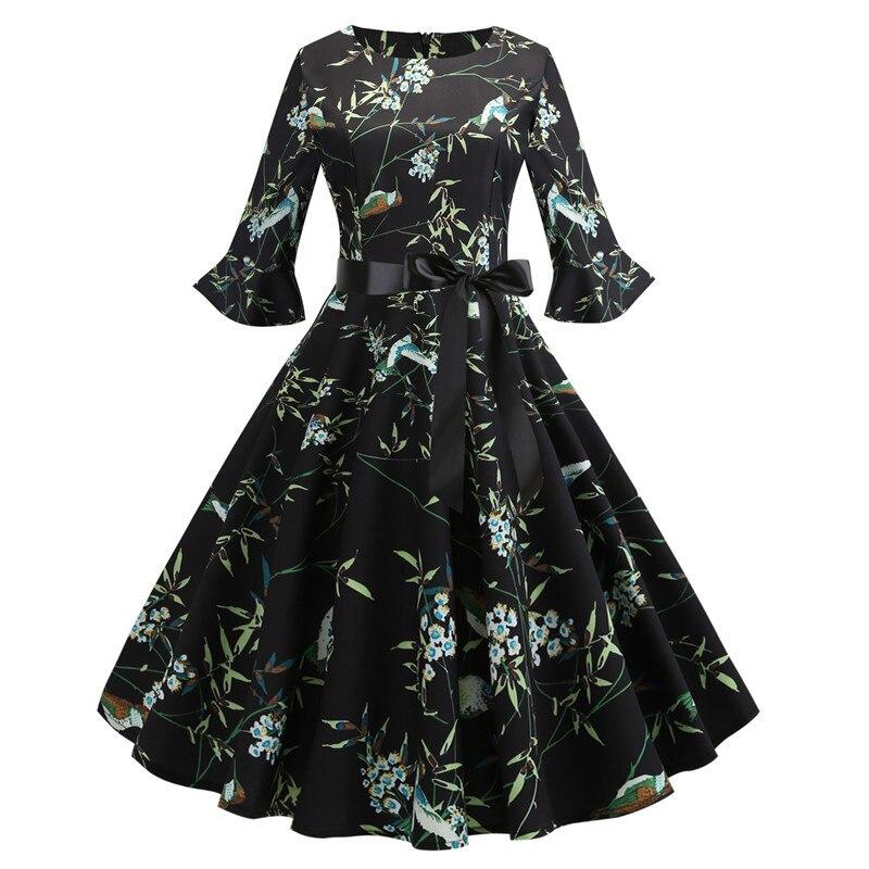 Vintage Sort Vinterblomster Kjole
