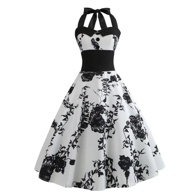 Vintage Pin-Up Kjole Sorte Blomster