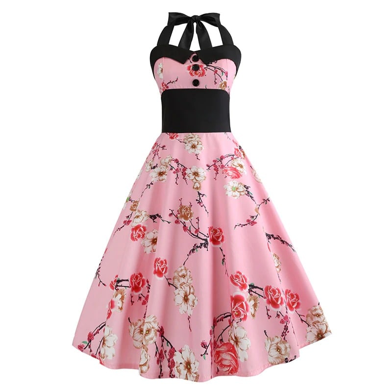Vintage Pink Pin-Up Kjole Med Blomster