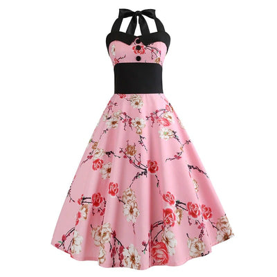 Vintage Pink Pin-Up Kjole Med Blomster