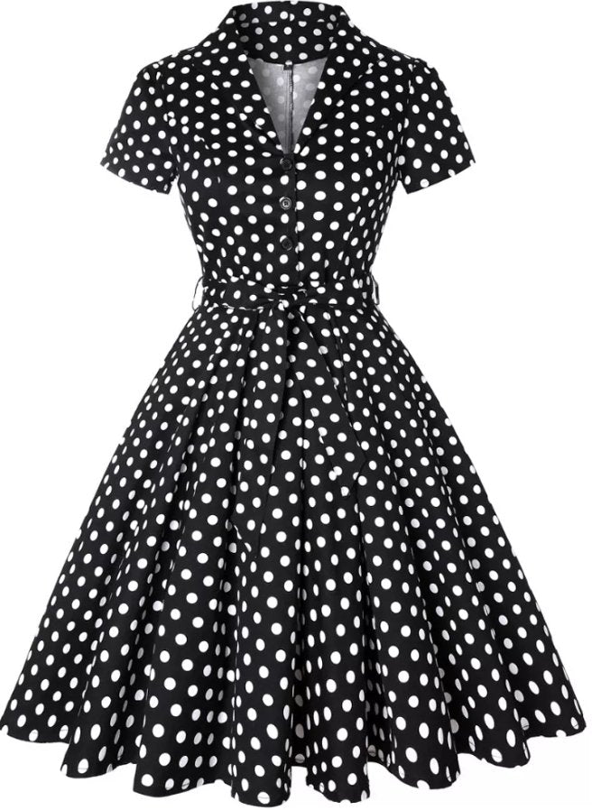 Vintage Sort Polka Dot Pin Up Kjole