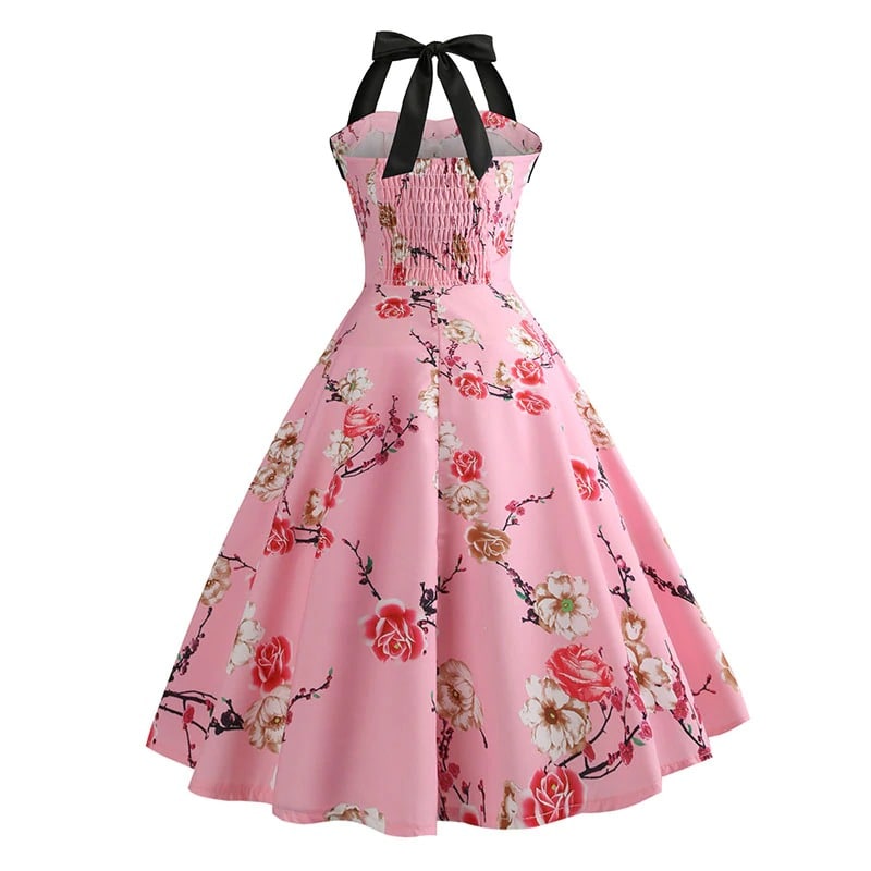 Vintage Pink Pin-Up Kjole Med Blomster