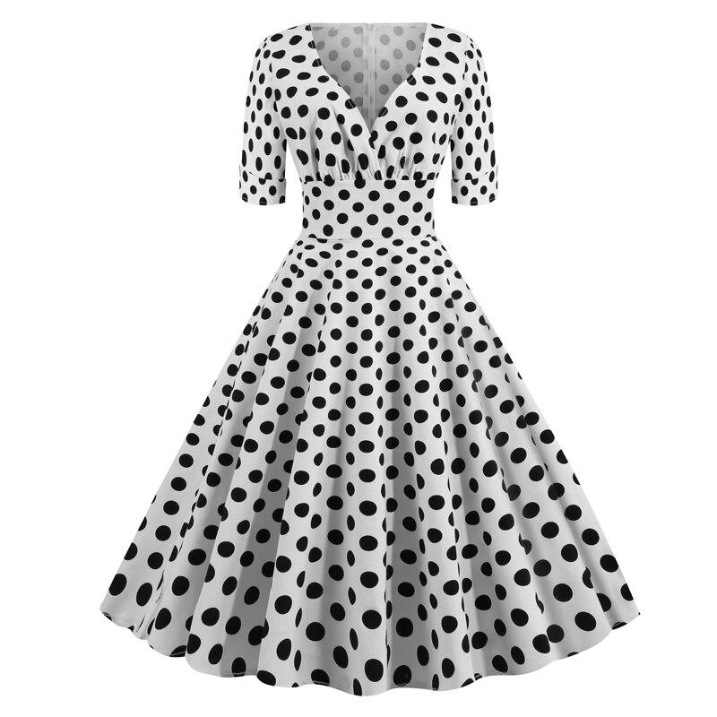 Vintage Rockabilly Kjole 50'er Hvide Polkaprikker