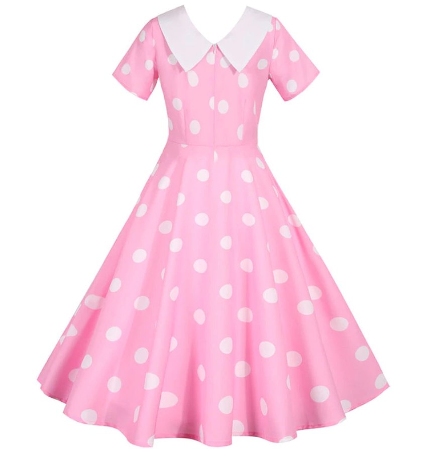 Vintage Pink Kjole Med Hvide Prikker