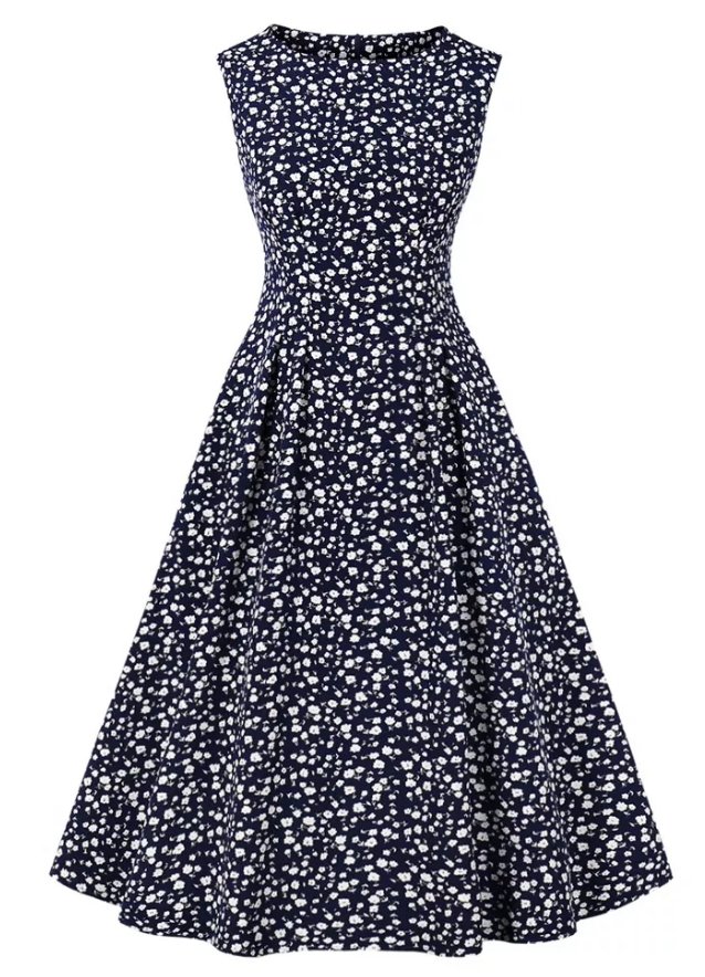 Vintage Højtaljet Marineblå Kjole